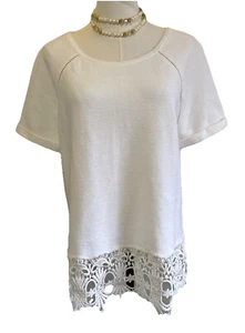 Anthropologie Womens White Top Blouse Short Sleeve Lace Hem Boho Size M - Picture 1 of 14