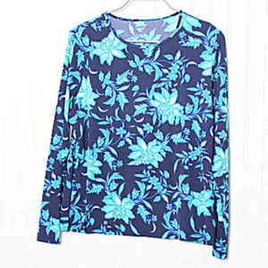 Top Lands' End donna blu navy floreale girocollo manica lunga nylon XL - Foto 1 di 9