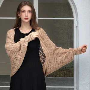 Hollow Out Women Knitted Shawl Top Loose Batwing Sleeve Sweater Cape Top Blouse - Picture 1 of 16