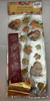 30 Plastic Cello Treat Candy Bags with ties Turkey Leaves Fall Thanksgiv 5 x 11 - Image 1 of 2