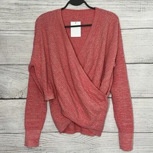 Maglione donna incrociato scollo a V manica lunga waffle maglia rosa kaki taglia L - Foto 1 di 8