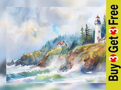 Tranquil Lighthouse Shore 5"x7" Print on Matte Paper | Atmospheric Coastal Art - Image 1 of 4