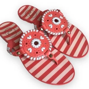 Jack Rogers Jelly Sandals SZ 6 Preppy Coral Orange Stripe Sand Dollar Flip Flops - Picture 1 of 6