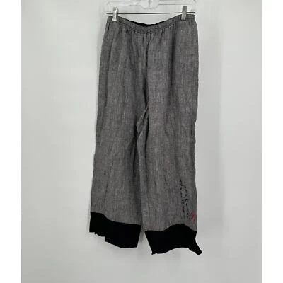 Pantalones de lino Soft Surroundings para mujer de pierna ancha talla L gris bordado asiático Foto 1 de 4
