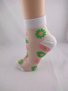 Sheer Ankle Socks Ladies White Yellow Pink Green Flowers Hosiery Size 9 to 11 - Picture 1 of 1