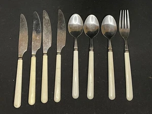 VINTAGE Imperial Flatware White Bakelite Handles 8 Pc Fork Knives Spoons - Picture 1 of 11