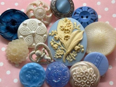 FABULOUS BLUE & CREAM VINTAGE & NEW BUTTONS Cameo Lily Czech Glass Cupid Flower - Image 1 of 2