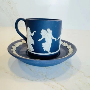 Wedgwood Jasperware Portland Blue Dancing Hour Demitasse Cup & Saucer Vtg - Picture 1 of 13