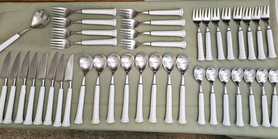 Vintage NORITAKE Japan 18-8 White Porcelain Handle 40 Piece Flat/Silverware Set - Image 1 of 4