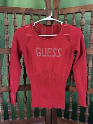 Suéter Top Y2K Años 2000 Rojo Guess Estrás Mcbling Pequeño Foto 1 de 4