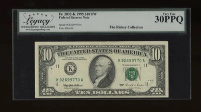 DBR 1995 $10 FRN Dallas Fr. 2032-K Legacy 30 PPQ Serial K92699770A - Image 1 of 2