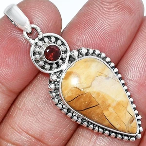 Natural Brecciated Mookaite & Garnet 925 Sterling Silver Pendant Jewelry P-1500 - Picture 1 of 5