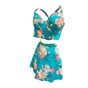 TORRID Teal Green Pink Floral Bikini Longline Top & Skirt Sz 1 (14-16) Swimsuit - Picture 1 of 6