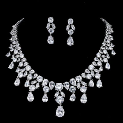 Luxury All CZ Cubic Zirconia Necklace Earrings Set For Women Bridal - Image 1 of 2