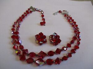 Vintage Multi 2 Strand WATERMELON Red CRYSTAL Beaded  Necklace Earrings SET