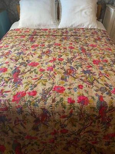 Beige Bird Print Kantha Quilt Queen Size Kantha bed cover throw Indian Bedspread - Picture 1 of 4