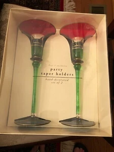 Pier 1 Imports Taper Candlesticks 2 Holiday Mouth Blown Red Green Gold Blue NIB - Picture 1 of 9