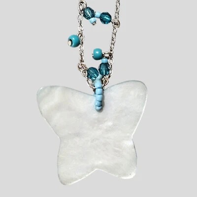 Avon Silver Plated Shell Butterfly Necklace Beaded Chain Adjustable 16-19 Inches - Image 1 of 4