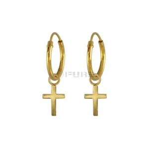 10 mm Gold 925 Sterling Silber nahtlose Sleeper Kreuz Ohrhänger Creolen - Bild 1 von 12