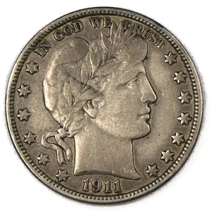 1911-D Very Fine VF+ Cleaned (DARK TONING) Barber Silver Half Dollar 50C Denver - Picture 1 of 2