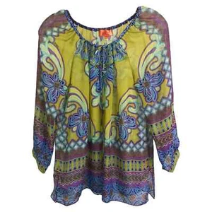 Blusa de cabaña para mujer Hale Bob manga campana de seda boho festival verde floral XS - Imagen 1 de 10