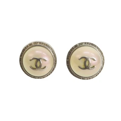 Auth CHANEL Round Coco Earrings Pearl Aurora Silver Circular Reuse Used - Image 1 of 4
