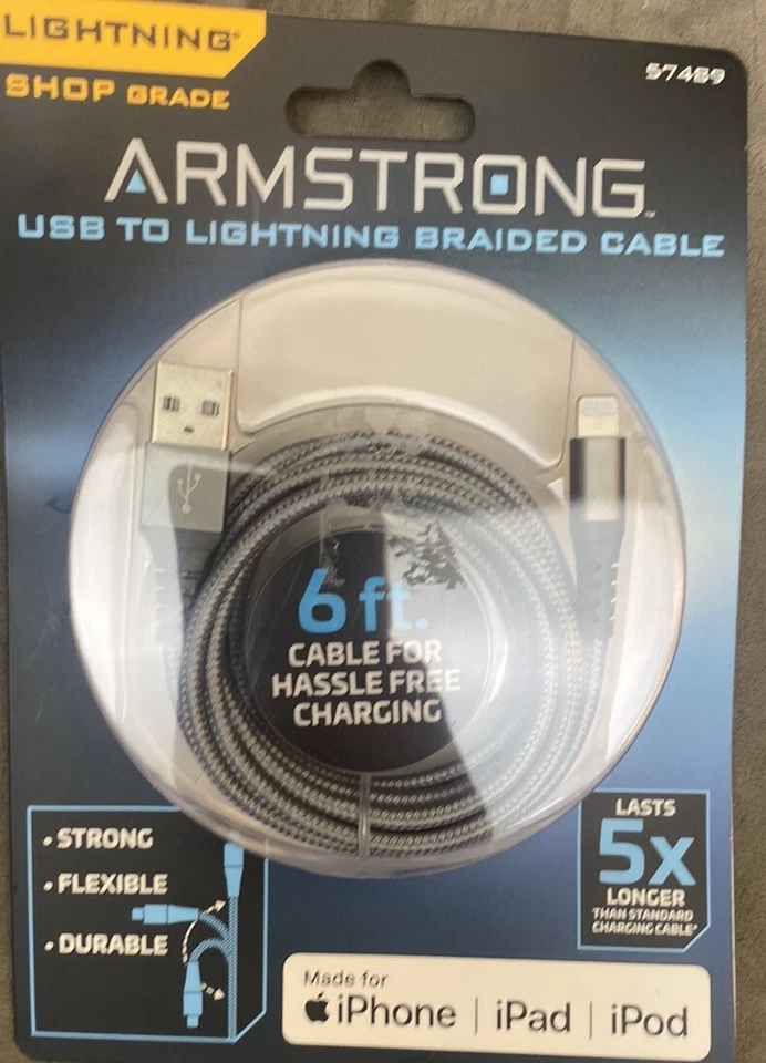 Armstrong USB to Braided Cable -6ft. Cable- iPhone/iPad/iPod - #57489 BRAND