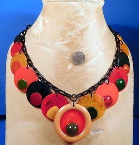 Poker Chip Necklace 1940's Upcycled Bakelite Multi Greens Reds & Golds Cabochons - Picture 1 of 9