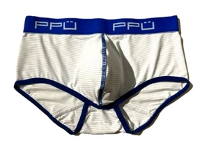New PPU Mens White w Blue Microfiber Bikini Brief Underwear sz M - Picture 1 of 11