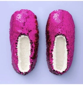Flip Sequin Slipper Socks M/L Hot Pink/Silver Faux Fur - More Than Magic Sz 2-5 - Picture 1 of 4