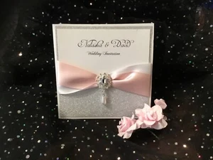WEDDING INVITATION VINTAGE SILVER GLITTER & PINK BLUSH LASER CUT - Picture 1 of 3