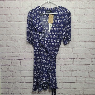 NUEVO MINKPINK Vestido Floral Envolvente L Días Sombreados Azul Volantes Estampado en Bloque Informal Boho Foto 1 de 4