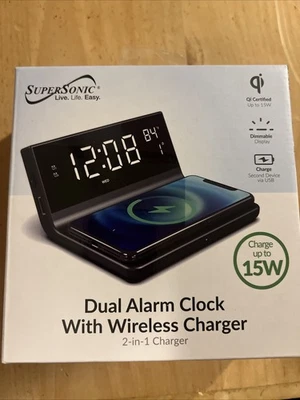 Supersonic Dual Alarm Clock with Wireless Charger Smart Clock & More! Black - Image 1 of 3