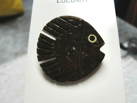 JHB '97 Button Large Coconut Shell NOS Carved Coconut Shell Fish Angel Kawaii MR Cover