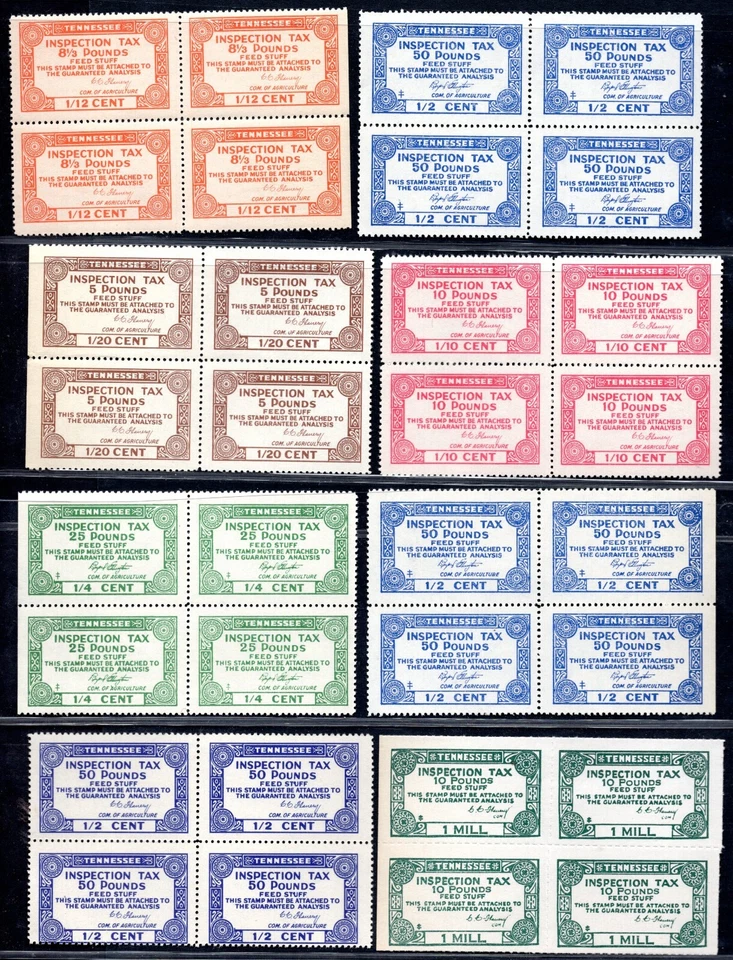 US 1920-1930 TENNESSEE INSPECTION TAX REVENUE 5, 10, 25, 50 & 100 POUNDS - Image 1 of 4