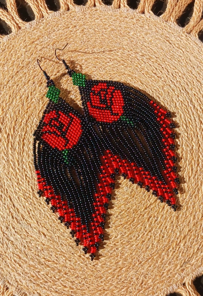 Flower earrings red rose czech glass beads dangle earrings boho blossom earrings - Image 1 of 4