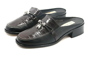 Brighton Slides Womens Shoes Size 6.5 M Black Leather Crocodile Print Mules EUC