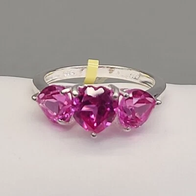 Pink Ruby Heart Ring Triple Stone 925 Sterling Silver STS JTV Sz 7 - Image 1 of 4