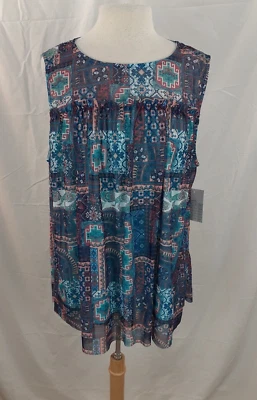 Bobbie Brooks Top Women's 1X Blue Boho Sleeve Sheer Sleeveless Yoke Overlay NWT - Image 1 of 4