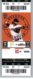 Pittsburgh Pirates vs San Francisco Giants 8/16/2016 Ticket Brandon Crawford . - Picture 1 of 2