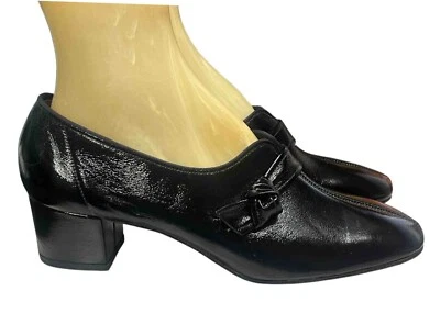 7.5 NOS Vtg 70s Shoe MOD GoGo CHUNKY HEEL Black Shiny Crinkle LEATHER Side Knot - Image 1 of 4