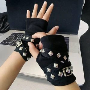 Black Rivet Strap Gloves YK Hot Girl Gloves Wasteland Style Accessories - Picture 1 of 8