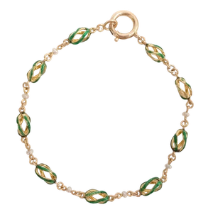 Beautiful 15ct Yellow Gold Green Enamel Swirl & Seed Pearl 18.3cm Bracelet 5.38g - Picture 1 of 7