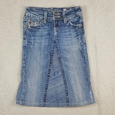 Falda vaquera Y2K Miss Me para mujer talla 24 desgastada descolorida grunge gema cruz Foto 1 de 4