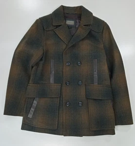 Mackage Men's Plaid Wool Pea Coat Double Breasted With Leather Trim Size 42 - Picture 1 of 23