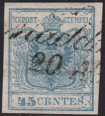 Lombardo Veneto I emissione c.45 azzurro chiaro I tipo usato, decalco (10f) - Immagine 1 di 2