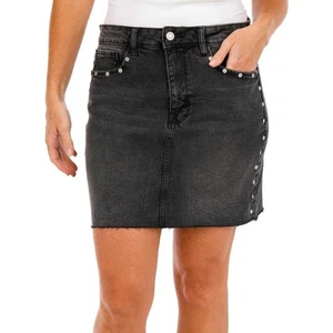 Kensie Jeans The High Rise Denim Skirt Black Studded Raw Hem Size 0/25 NWT - Picture 1 of 10