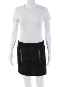 Maje Womens Leather Contrast Plaid Mini Skirt Black Grey Wool Size Extra Small - Picture 1 of 6
