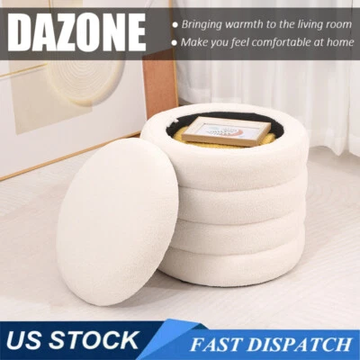 18'' Modern Round Storage Ottoman Entryway Footstool Stool Seat Teddy flannel - Image 1 of 4