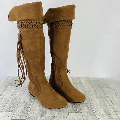 Mudd Womens Reto Tall Boots Size 6.5 Cognac Brown Hippie Bohemian Fringe Tassel - Image 1 of 4